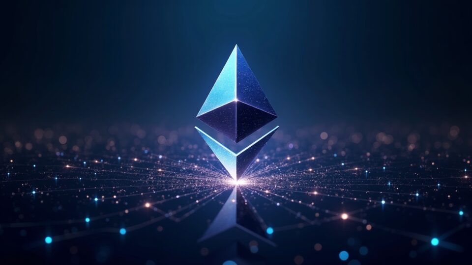 Photorealistic Ethereum header: logo at center, contracts flow from Layer-2 networks into a glowing city.