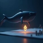 Photorealistic whale silhouette over a glowing Ethereum logo, with an order book and rising leverage bars.