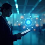 Center-shot of a professional investor silhouette with a glowing AI network, floating auto-loan tokens and car icons in a sleek newsroom.