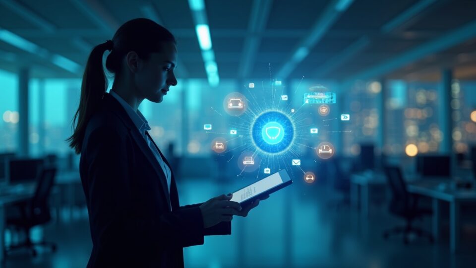 Center-shot of a professional investor silhouette with a glowing AI network, floating auto-loan tokens and car icons in a sleek newsroom.