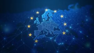 Photorealistic image: regulator emblem atop a blockchain network with an EU flag in a modern newsroom.