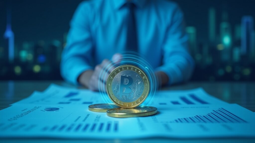 Photorealistic header: bank executive, holographic euro coin above a digital ledger and regulatory documents, blue skyline