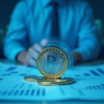 Photorealistic header: bank executive, holographic euro coin above a digital ledger and regulatory documents, blue skyline