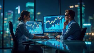 Photorealistic newsroom with analyst at glass desk; BTC and ETH charts rise on holographic screens.