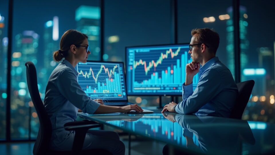 Photorealistic newsroom with analyst at glass desk; BTC and ETH charts rise on holographic screens.