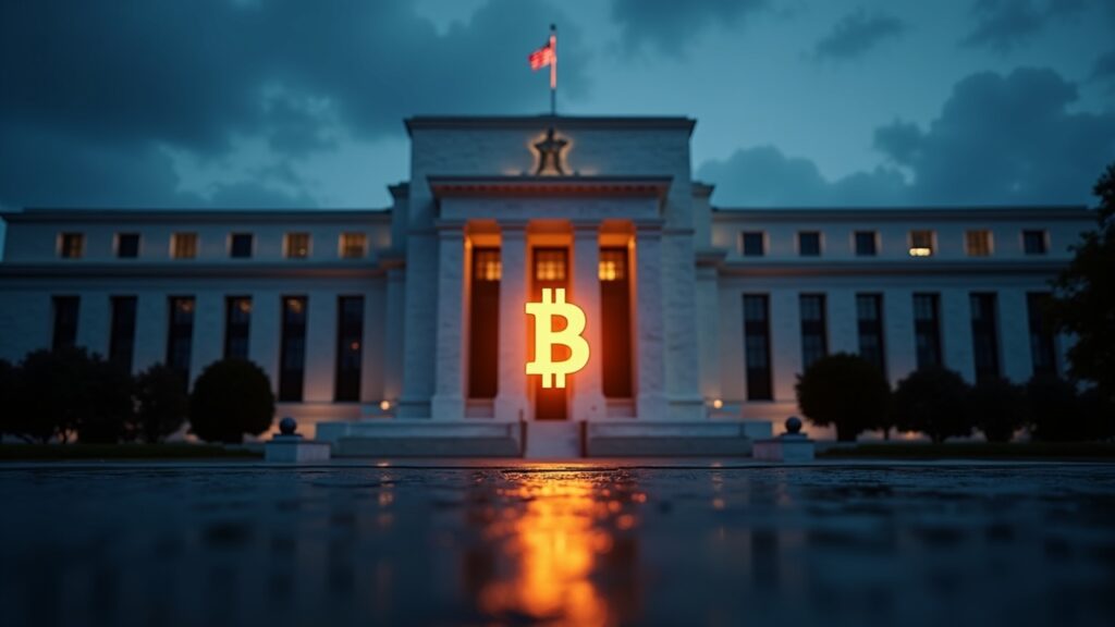 Photorealistic Fed building behind a glowing Bitcoin ticker in a fragile sub-100K range.