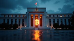 Photorealistic Fed building behind a glowing Bitcoin ticker in a fragile sub-100K range.