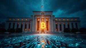 Realistic Fed building with holographic dollar streams flowing into markets, Bitcoin at center, and market tickers.