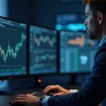 Photorealistic newsroom scene showing a finance executive monitoring Solana-based on-chain equity tokens and an ATS interface.