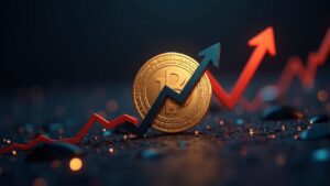Photorealistic Filecoin coin with rising price chart and inflow arrows in a newsroom, modern crypto media aesthetic.