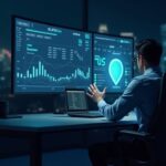 Photorealistic newsroom: trader studies a holographic Filecoin dashboard showing a sharp price drop with market charts.