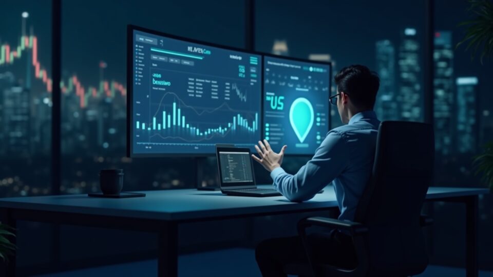 Photorealistic newsroom: trader studies a holographic Filecoin dashboard showing a sharp price drop with market charts.