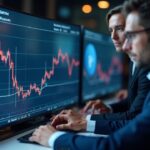 Photorealistic newsroom with a Filecoin price chart showing a dip from intraday highs and institutional traders