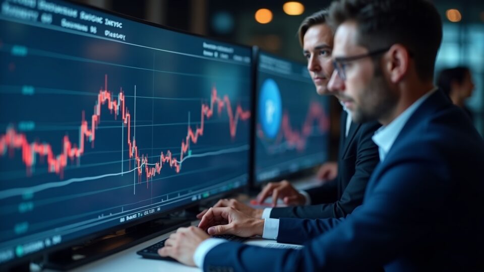 Photorealistic newsroom with a Filecoin price chart showing a dip from intraday highs and institutional traders
