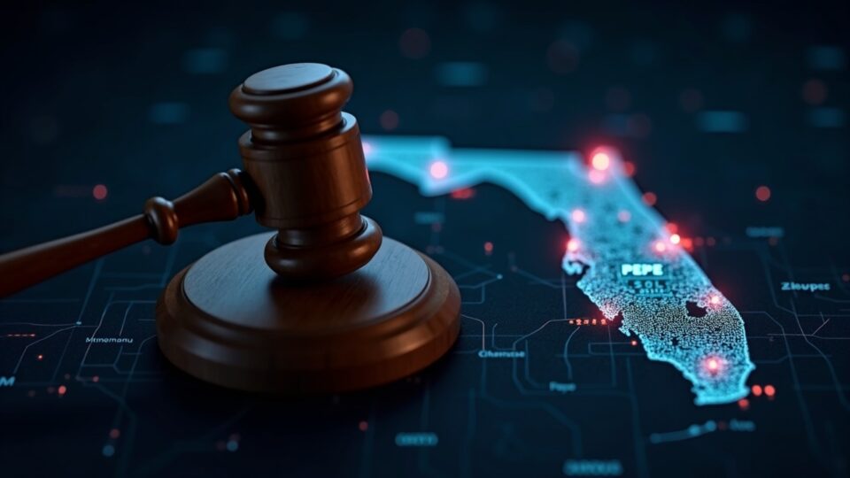 Photorealistic header showing a gavel over a glowing crypto ledger with DOGE, PEPE, SOL and AVAX, Florida map in background