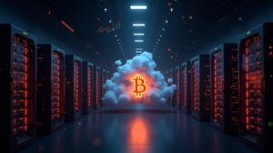 Futuristic bitcoin mining data center with glowing GPUs forming a Bitcoin emblem, AI cloud panels, and rising stock graphs.