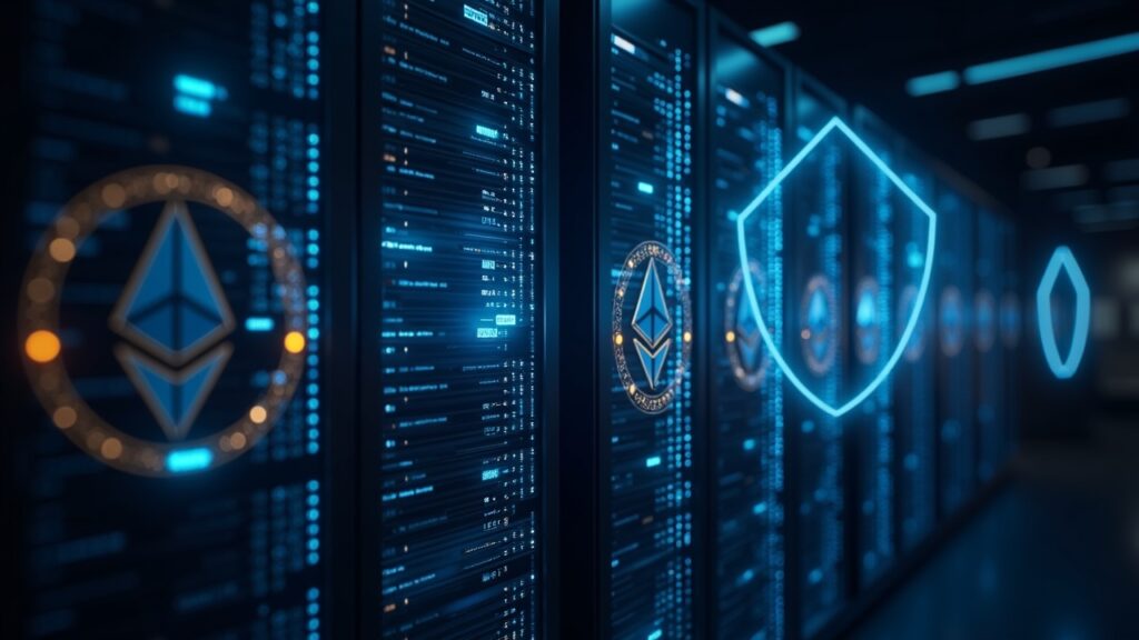 Futuristic data center with glowing ETH symbols converging from servers, signaling institutional staking pressure.
