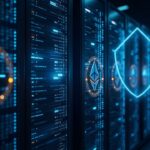 Futuristic data center with glowing ETH symbols converging from servers, signaling institutional staking pressure.