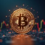 Realistic Bitcoin emblem centered with holographic charts showing 2026 volatility and 2027 rise to $250k in newsroom.