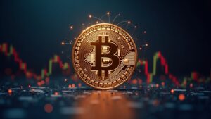 Realistic Bitcoin emblem centered with holographic charts showing 2026 volatility and 2027 rise to $250k in newsroom.