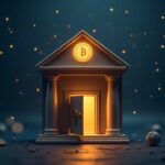 Photoreal bank facade with a glowing digital stablecoin above a vault, linked by networks to symbolize regulated, reserve-backed issuance.