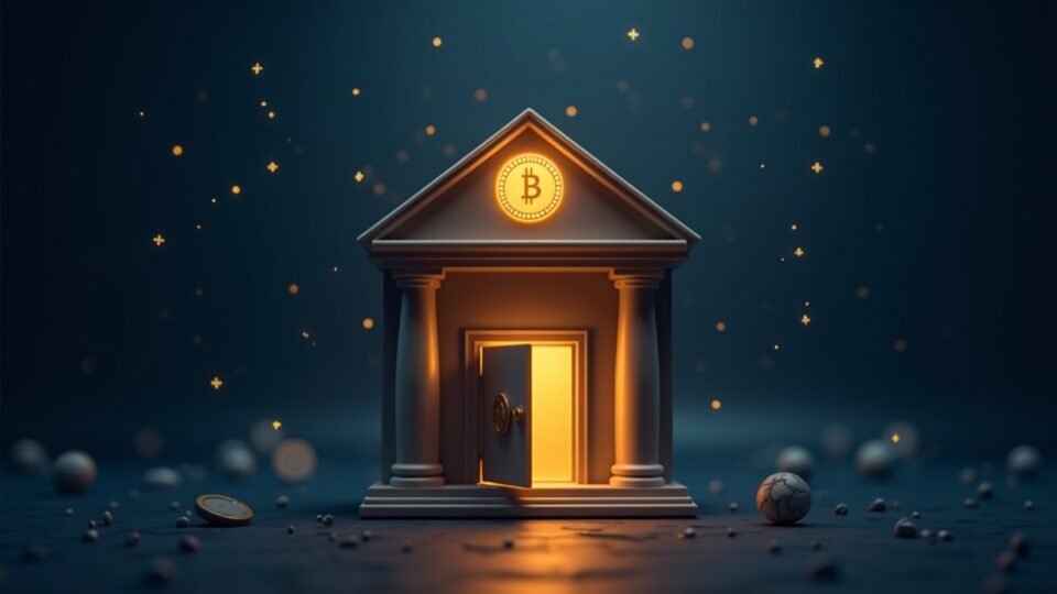 Photoreal bank facade with a glowing digital stablecoin above a vault, linked by networks to symbolize regulated, reserve-backed issuance.