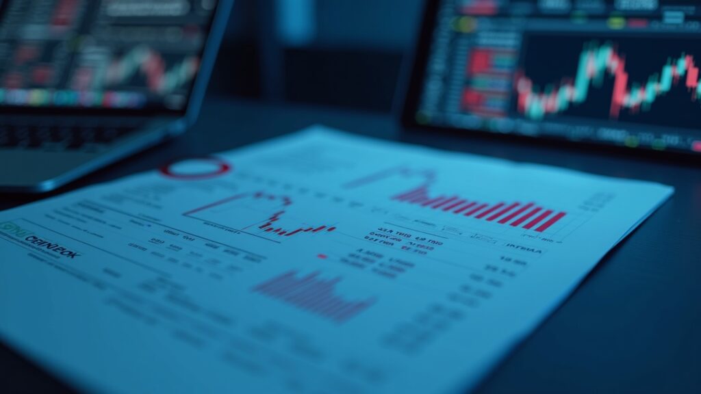 Photorealistic close-up of a trading desk with a GLNK ETF ticker, Chainlink emblem, and regulatory documents.