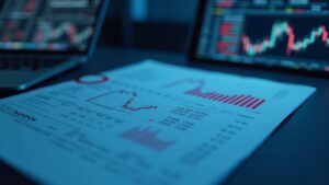 Photorealistic close-up of a trading desk with a GLNK ETF ticker, Chainlink emblem, and regulatory documents.