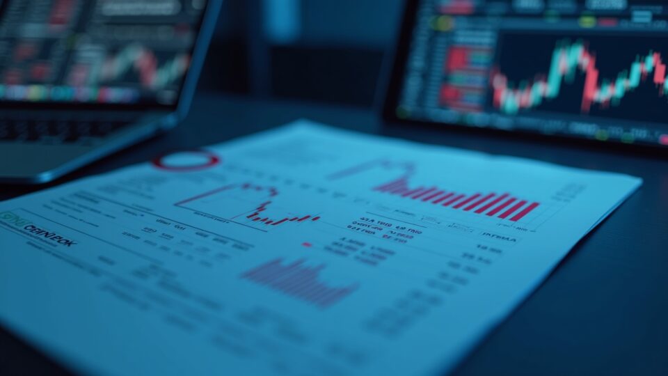 Photorealistic close-up of a trading desk with a GLNK ETF ticker, Chainlink emblem, and regulatory documents.