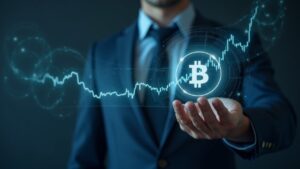 Executive in a dark suit with a holographic chart and a subtle Bitcoin icon, symbolizing Goldman Sachs' Innovator deal and crypto exposure.