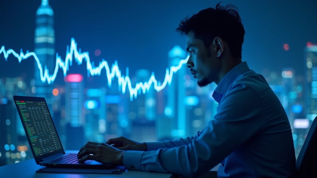 Hyper-realistic crypto trader in a Hong Kong newsroom with holographic spike-dip charts and blue neon skyline.