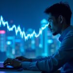 Hyper-realistic crypto trader in a Hong Kong newsroom with holographic spike-dip charts and blue neon skyline.