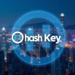 HashKey logo centered with Hong Kong skyline, digital tickers and tokenized securities overlays.