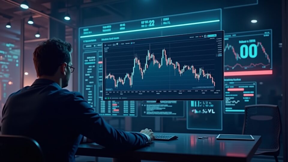 Futuristic crypto newsroom: trader watches split-screen chart as HBAR nears $0.10 amid fading ETF inflows.