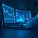 Photorealistic crypto trader at desk with holographic HBAR chart showing 0.113 support, 0.13 breakout, and 0.155 resistance.