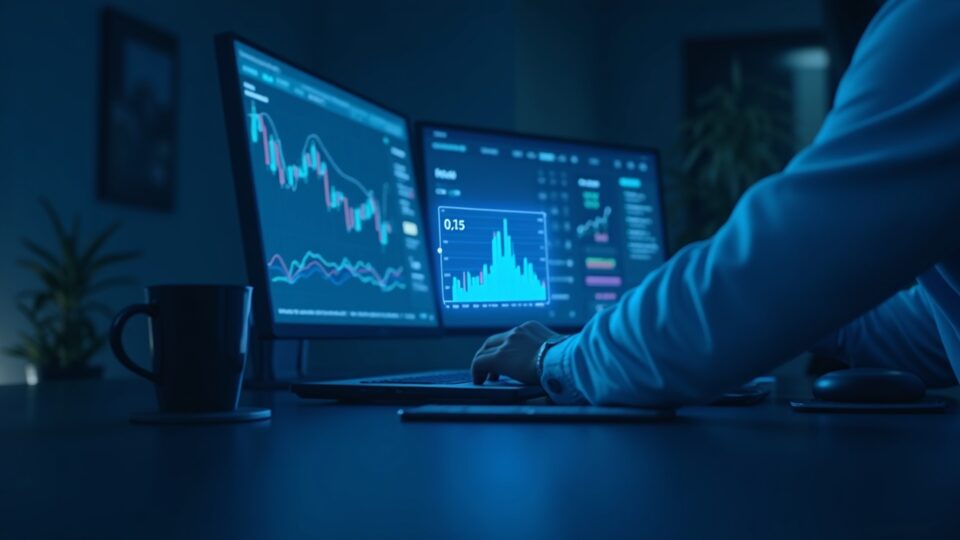 Photorealistic crypto trader at desk with holographic HBAR chart showing 0.113 support, 0.13 breakout, and 0.155 resistance.