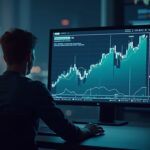 Photorealistic crypto trader in a newsroom viewing an HBAR price chart with DeFi visuals and rebound arrows