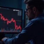 Photorealistic crypto trading desk with a focused trader; red HBAR charts and a down arrow on monitors, Hedera logo visible.
