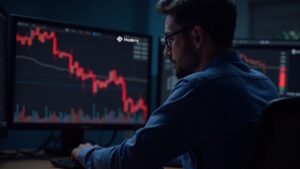 Photorealistic crypto trading desk with a focused trader; red HBAR charts and a down arrow on monitors, Hedera logo visible.