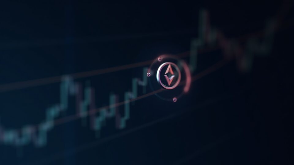 Photoreal Hedera logo over a crypto trading chart with a descending Chaikin Money Flow line and fading institutional inflows.