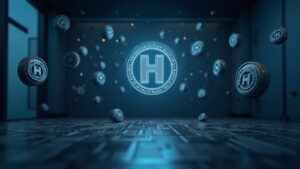 Hedera logo centered, surrounded by government seals and floating RWA tokens in a sleek newsroom scene.