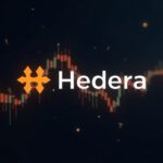 Photorealistic header with Hedera logo centered, Bitcoin icons fading, and a tight consolidation price chart in the background.