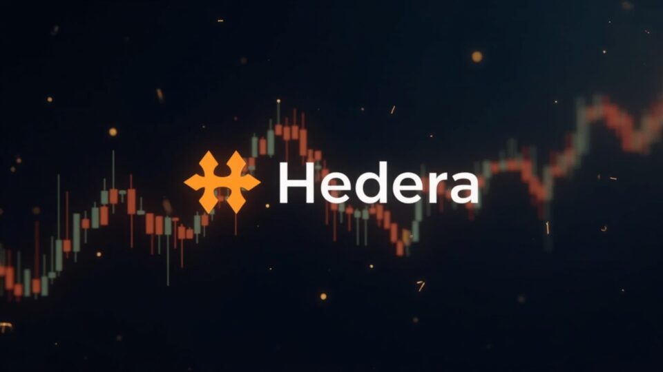 Photorealistic header with Hedera logo centered, Bitcoin icons fading, and a tight consolidation price chart in the background.