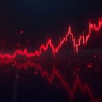 Photorealistic header with Hedera HBAR logo dropping over a red crypto price chart on a digital grid.