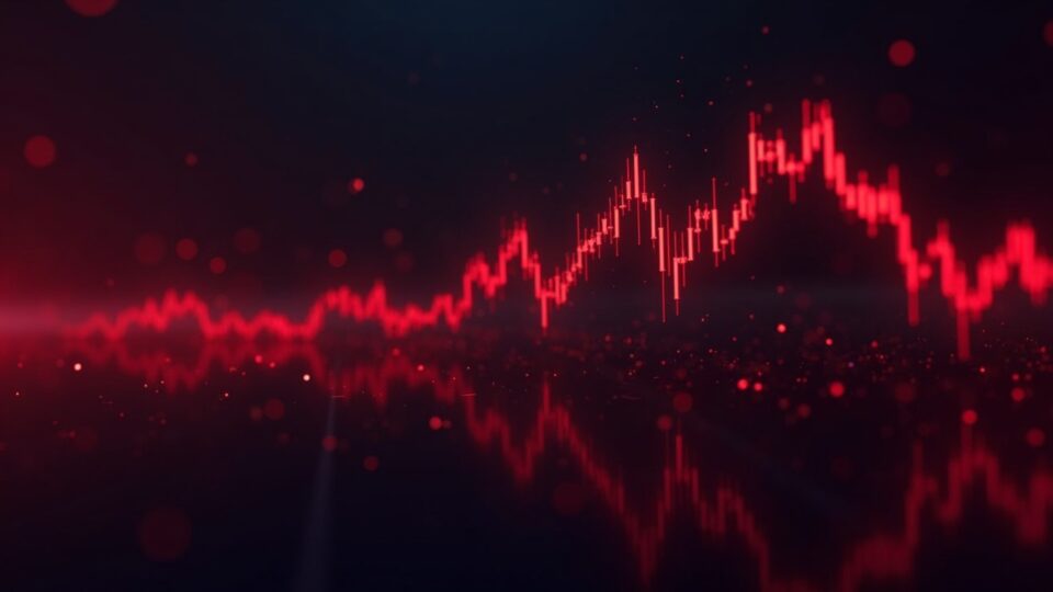 Photorealistic header with Hedera HBAR logo dropping over a red crypto price chart on a digital grid.