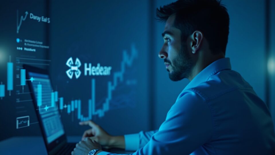 Close-up of a financial analyst in a modern studio with a holographic Hedera HBAR logo and bitcoin-style price chart.
