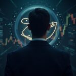 Suited investor gazing at a glowing Hedera logo with whale motifs, set against a digital network and rising HBAR ticks.