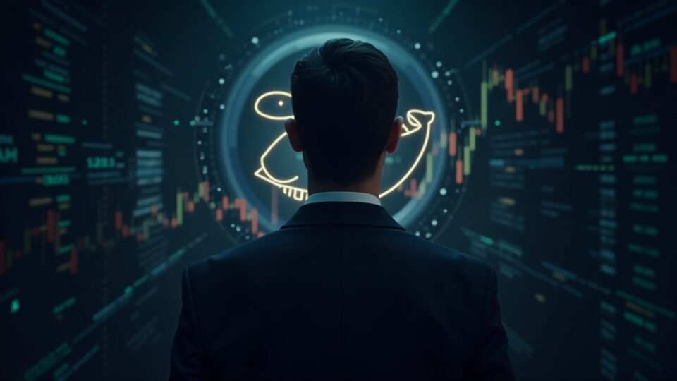Suited investor gazing at a glowing Hedera logo with whale motifs, set against a digital network and rising HBAR ticks.