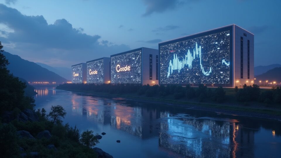 Realistic AI data center by a river at dusk with subtle Google branding, glowing data halls and crypto market graphs overlay