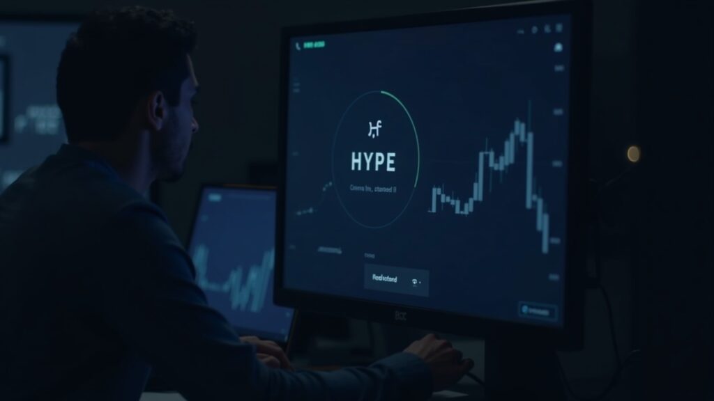 Photorealistic newsroom scene: trader at desk with monitor showing HYPE in a narrow range, Aster logo, and token-burn icon.